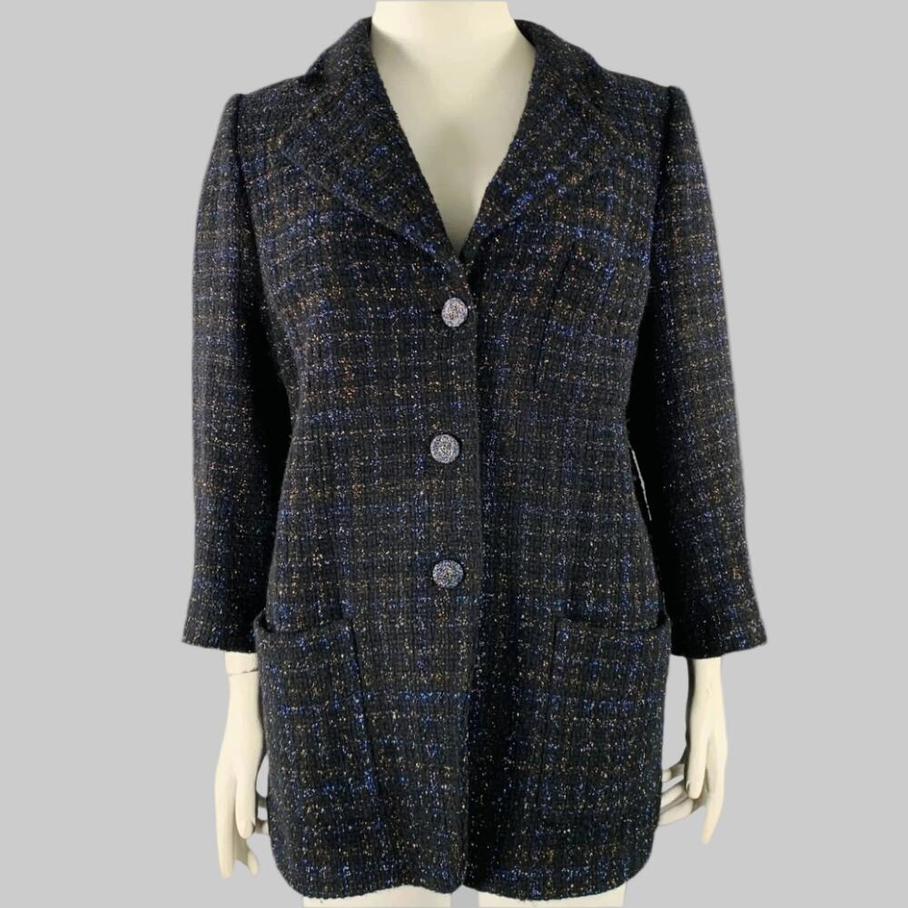 CHANEL Size 18 Black Navy Cotton Blend Shiny 3/4 Sleeves Coat